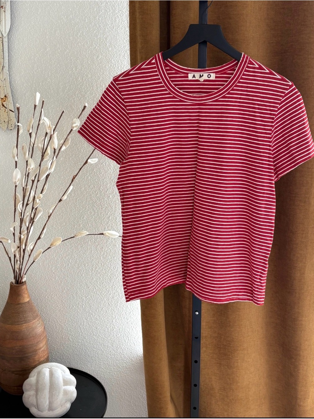 AMO Red and White Striped Short Sleeve Tee